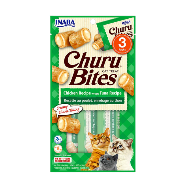 <strong>Inaba</strong> Churu Bites Cat, Snack Húmedo para Gatos, Sabor Atún en Wraps de Pollo, 3 tubos exprimibles, bolsa de 30 gr