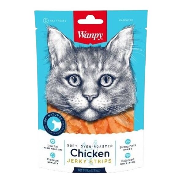 <strong>Wanpy</strong> Cat, Soft Chicken Jerky Strips, Snack para Gatos, Tiritas de Charqui de Pollo, bolsa de 80 gr