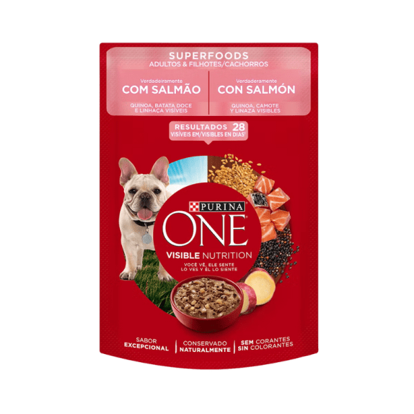 <strong>Purina ONE</strong> Superfoods, Alimento Húmedo para Perros, Cachorro y Adulto, Salmón, sobre de 85 gr