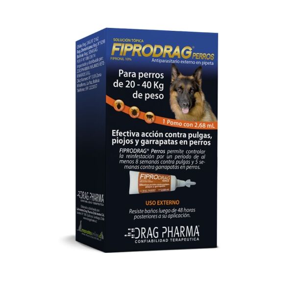 <strong>Fiprodrag</strong> Perros Solución Tópica, Antiparasitario Externo para Perros, 20-40 kg, 1 pipeta de 2.68 ml (dosis mensual)