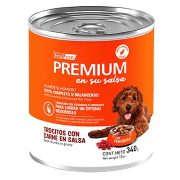 <strong>Vitalcan Premium</strong> en su Salsa, Alimento Húmedo para Perro Cachorro, Sabor a Trocitos con Carne en Salsa, lata de 340 gr