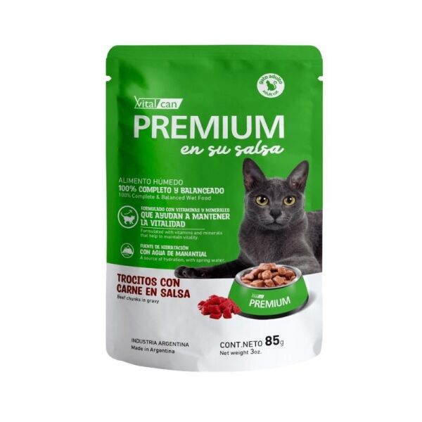 <strong>Vitalcan Premium</strong> en su Salsa, Alimento Húmedo para Gato Adulto, Sabor a Trocitos con Carne en Salsa, Sachet de 85 gr