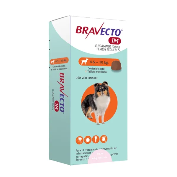<strong>Bravecto</strong> 1M, Antiparasitario Externo para Perros, 4.5-10 kg, 1 comprimido masticable (dosis mensual)