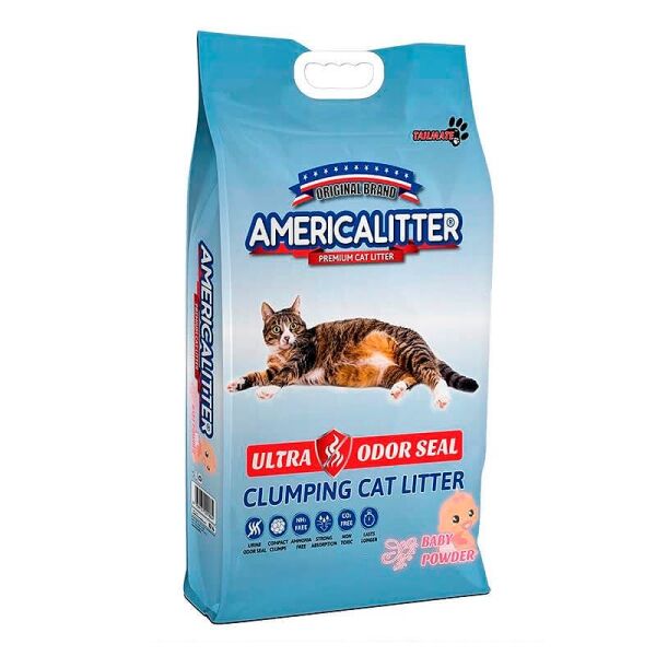 <strong>AmericaLitter</strong> Ultra Odor Seal Baby Powder, Arena Sanitaria para Gatos con Poder Aglutinante y Aroma a Talco, Bolsa de15 kg
