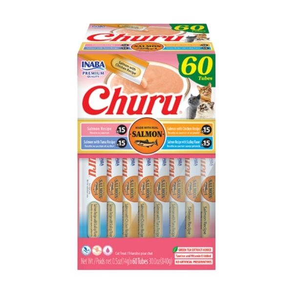 <strong>Inaba</strong> Churu Cat Salmon Variety, Snack Húmedo para Gatos, Variedades de Salmón, caja de 60 unidades