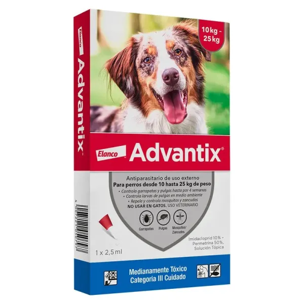 <strong>Advantix</strong> Solución Tópica, Antiparasitario Externo para Perros, 10-25 kg, 1 pipeta de 2.5 ml (dosis mensual)