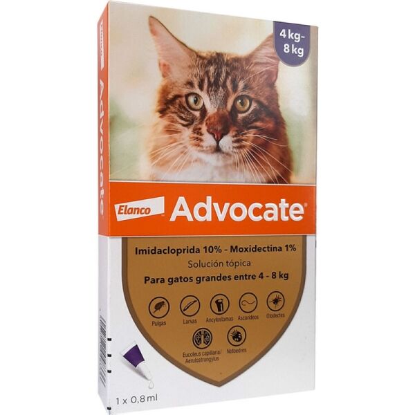 <strong>Advocate</strong> Solución Tópica, Antiparasitario Interno y Externo para Gatos, 4-8 kg, 1 pipeta de 0.8 ml (dosis mensual)