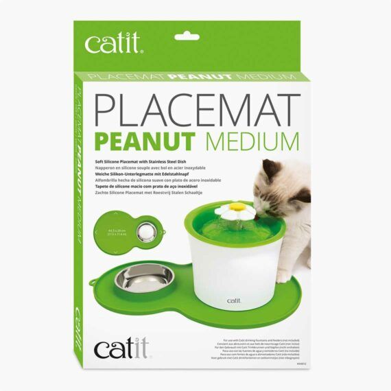 <strong>Catit</strong> PlaceMat Peanut, Alfombrilla Antideslizante con Comedero de Acero Inoxidable para Gatos, Color Verde