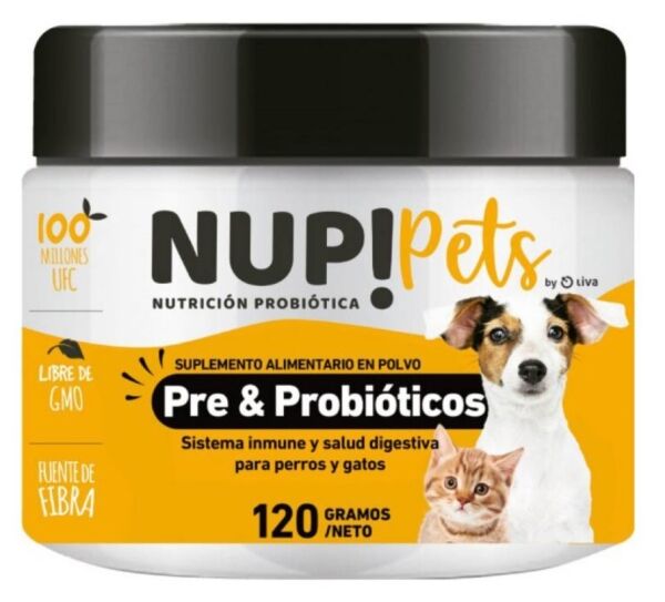 <strong>NUP! Pets</strong> Pre & Probióticos, Suplemento Flora Intestinal, Pelaje y Defensas en Perros y Gatos, pote de 120 gr