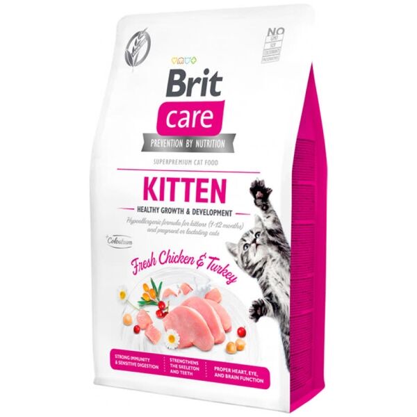 <strong>Brit Care</strong> Cat Grain Free, Kitten Healthy Growth and Development, Alimento Seco para Gatitos, Apoyo para Crecimiento Sano, Libre de Granos, bolsa de 400 gr, 2 kg y 7 kg