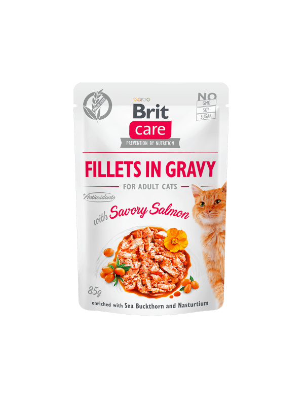 <strong>Brit Care</strong> Cat Fillets in Gravy, Savory Salmon, Alimento Húmedo para Gatos, Filetes de Salmón en Jugo, pouch de 85 gr