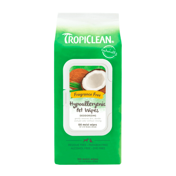 <strong>TropiClean</strong> Toallitas Hipoalergénicas con Aceite de Coco para Mascotas, 100 Unidades