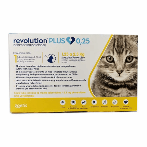 <strong>Revolution PLUS</strong> Solución Tópica, Antiparasitario Interno y Externo para Gatos, 1.25-2.5 kg, 1 pipeta de 0.25 ml (dosis mensual)
