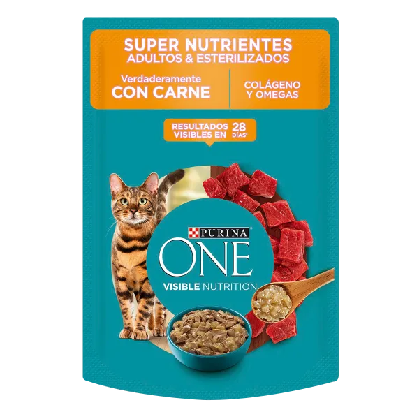 <strong>Purina ONE</strong> Super Nutrientes, Alimento Húmedo para Gatos, Carne, Salsa con Trozos, sobre de 85 gr