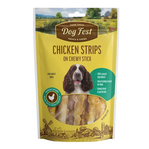 <strong>Dog Fest</strong> Treats & Chews Chicken Strips on Chewy Sticks, Snack para Perros, Tiras de Pollo en Barrita Masticable, bolsa de 90 gr