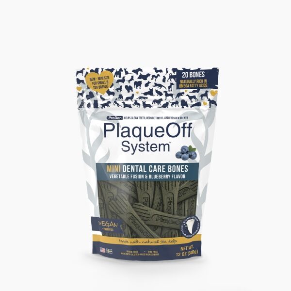 <strong>Plaque Off</strong> Mini Dental Care Bones, Snack Dental para Perros, Mini Huesitos Anti-Sarro de Verduras y Arándanos, bolsa de 340 gr