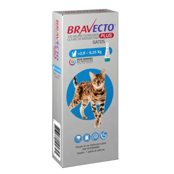 <strong>Bravecto</strong> Plus Solución Tópica, Antiparasitario Interno y Externo para Gatos, 2.8 a 6.25 kg, 1 pipeta de 0.89 ml