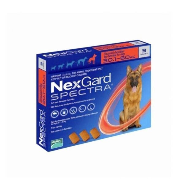 <strong>Nexgard SPECTRA</strong> Antiparasitario Interno y Externo para Perros, 30.1-60 kg, 3 comprimidos masticables (dosis mensuales)