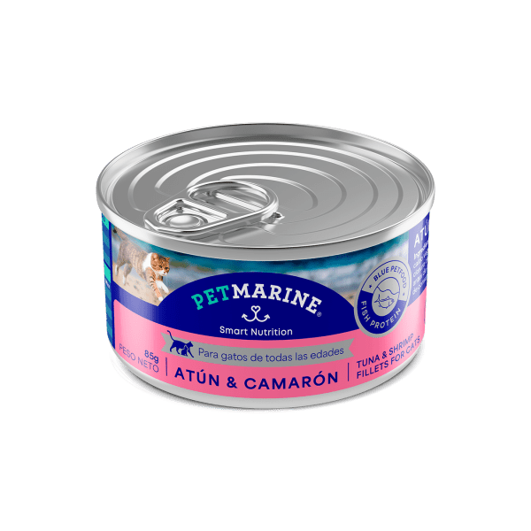 <strong>Pet Marine</strong> Alimento Húmedo para Gatos, Atún con Camarón, 85-156 gr, en lata