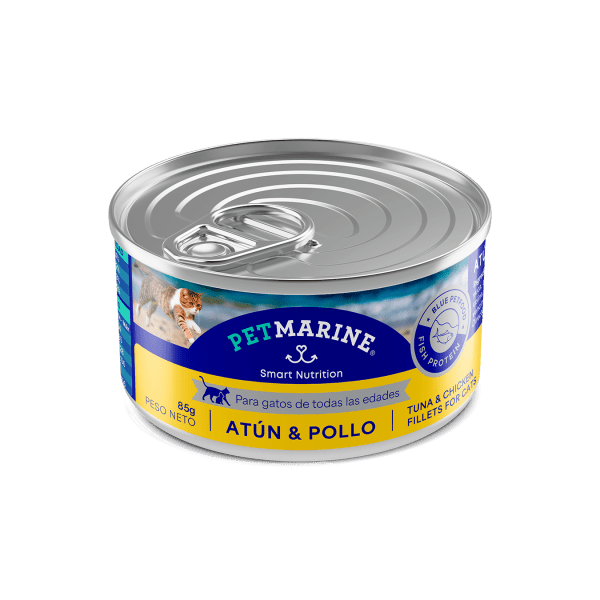 <strong>Pet Marine</strong> Alimento Húmedo para Gatos, Atún y Pollo, 85-156 gr, unidad, en lata
