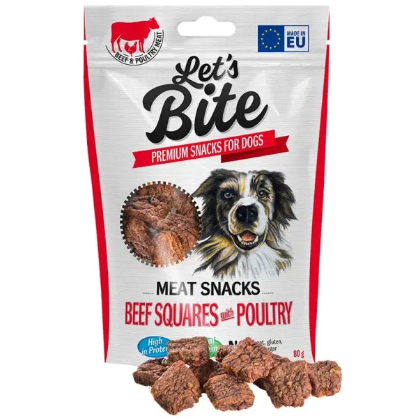 <strong>Brit</strong> Let's Bite Meat Snacks Beef Squares with Poultry, Snack para Perros, Cuadraditos de Carne y Aves, bolsa de 80 gr