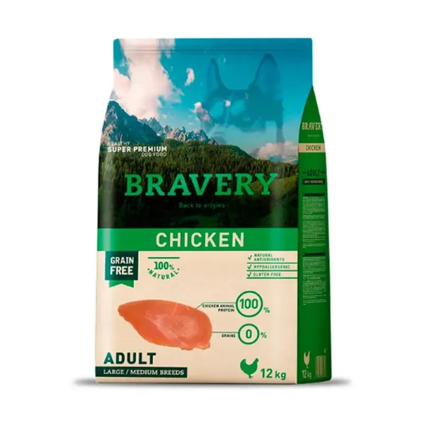<strong>Bravery</strong> Chicken, Alimento Seco para Perros, Adulto, Raza Mediana/Grande, Pollo, bolsa de 4-12 kg