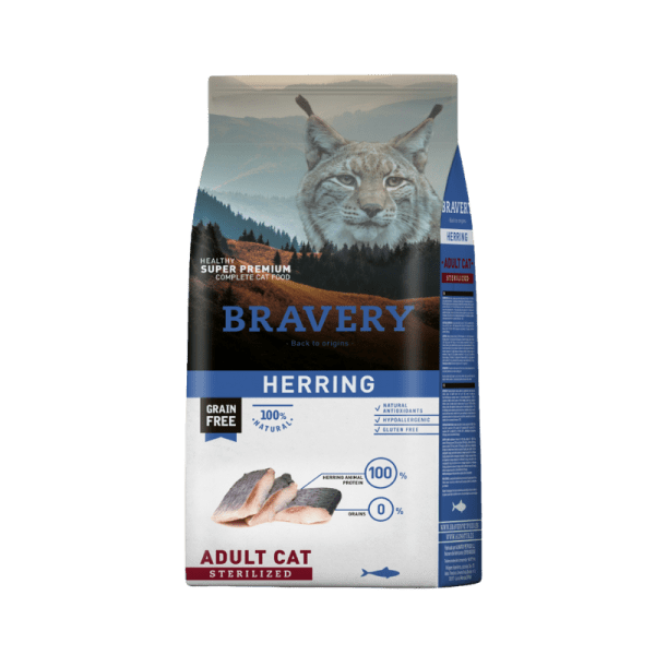 <strong>Bravery</strong> Herring Adult Cat Sterilized, Alimento Seco para Gatos Adultos Esterilizados, Arenque (pescado blanco), bolsa de 2 y 7 kg