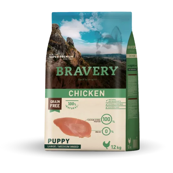 <strong>Bravery</strong> Chicken Puppy Alimento Seco para Perros, Cachorro, Raza Mediana/Grande, Pollo, bolsa de 4 - 12 kg