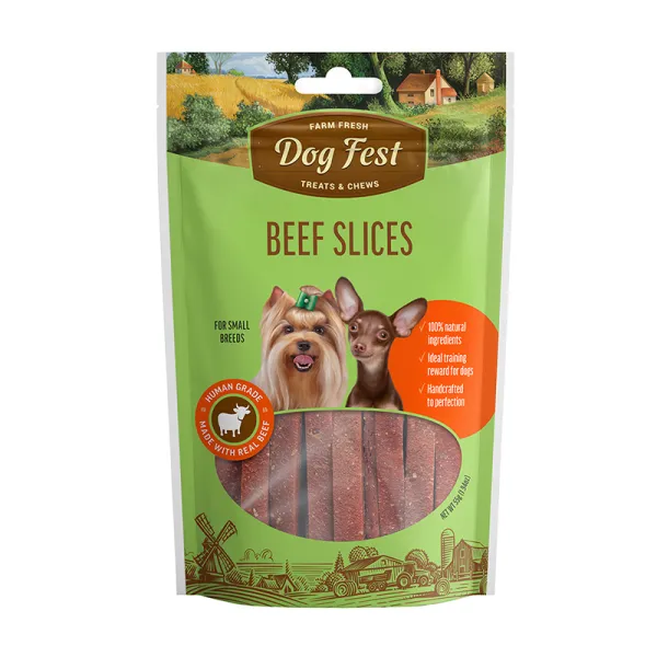 <strong>Dog Fest</strong> Treats & Chews Beef Slices, Snack para Perros, Rebanadas de Carne de Res, bolsa de 55 gr
