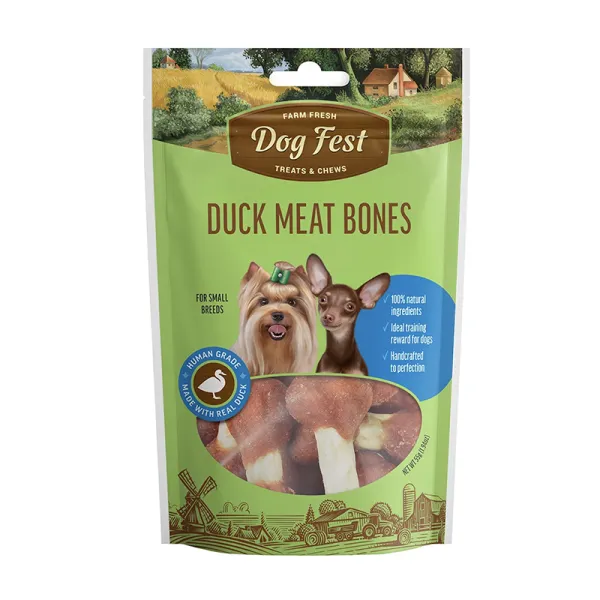 <strong>Dog Fest</strong> Treats & Chews Duck Meat Bones, Snack para Perros, Huesitos de Carne de Pato, bolsa de 55 gr