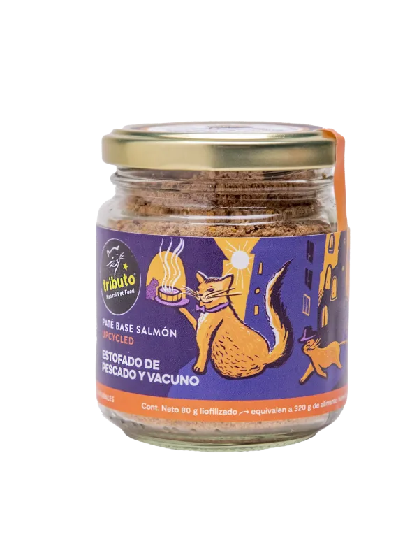 <strong>Tributo</strong> Paté o Sazonador para Gatos, Estofado de Pescado y Vacuno, pote de 50 gr