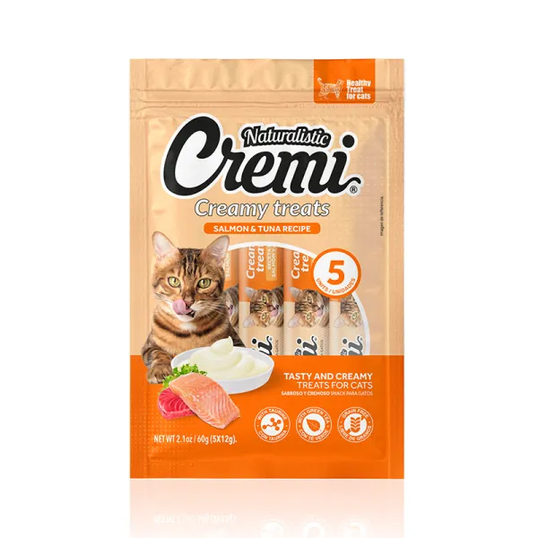 <strong>Naturalistic</strong> Cremi, Snack Húmedo para Gatos, Salmón y Atún, 60 gr, 5 unidades