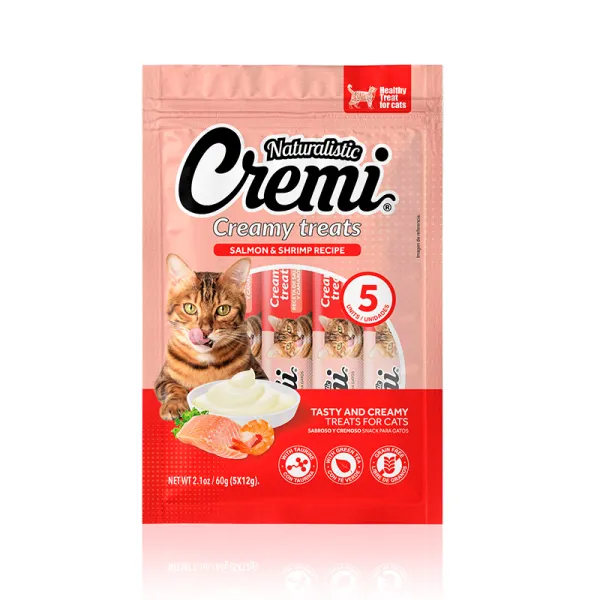 <strong>Naturalistic</strong> Cremi, Snack Húmedo para Gatos, Salmón y Camarón, 60 gr, 5 unidades