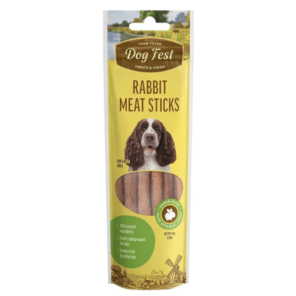 <strong>Dog Fest</strong> Treats & Chews Rabbit Meat Sticks, Snack para Perros, Palitos de Carne de Conejo, bolsa de 45 gr