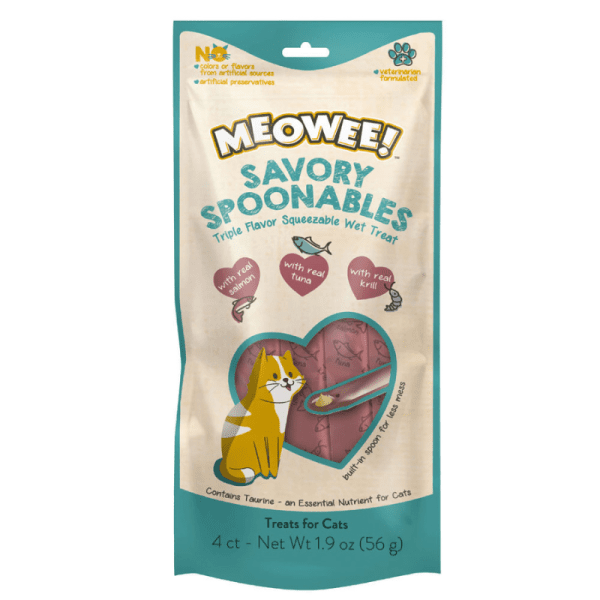 <strong>Meowee!</strong> Savory Spoonables Snack Húmedo para Gatos con Cuchara, Salmón Atún Krill Real, Tubo Exprimible, 4 unidades