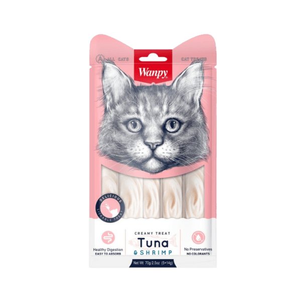 <strong>Wanpy</strong> Cat Creamy Treat, Tuna & Shrimp, Snack Húmedo para Gatos, Atún con Camarón, bolsa de 5 tubos, 70 gr