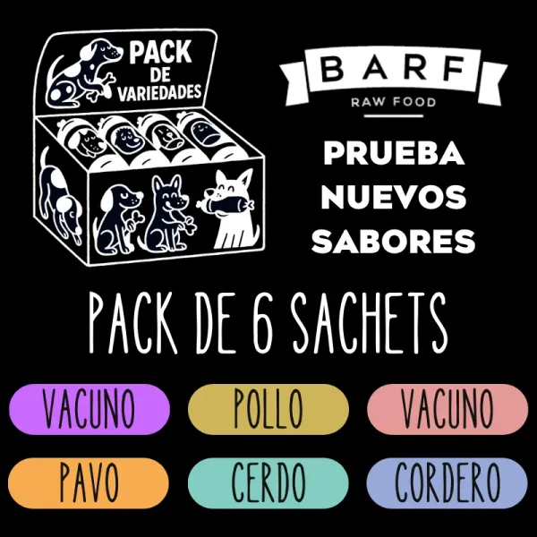 <strong>Pack de Variedades: Barf</strong> Alimento Húmedo Natural Completo para Perros, 6 sabores en sachet