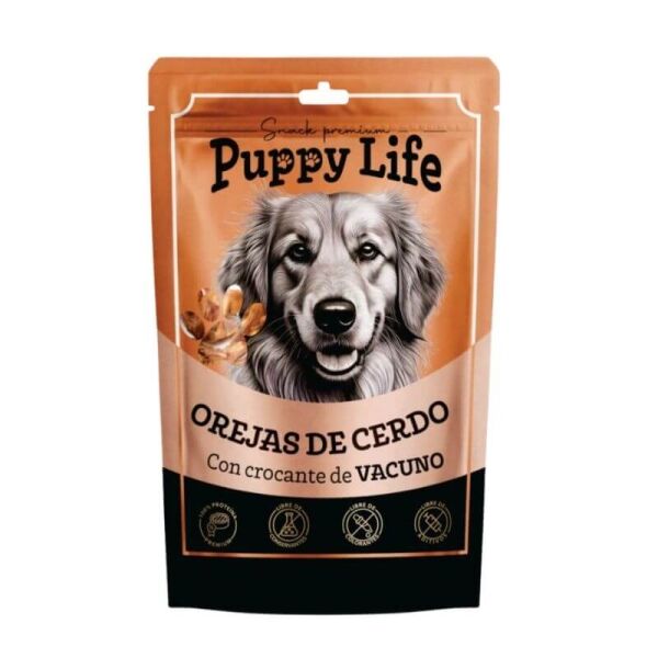 <strong>Puppy Life</strong> Orejas de Cerdo con Crocante de Vacuno, Snack para Perros, bolsa de 80 gr