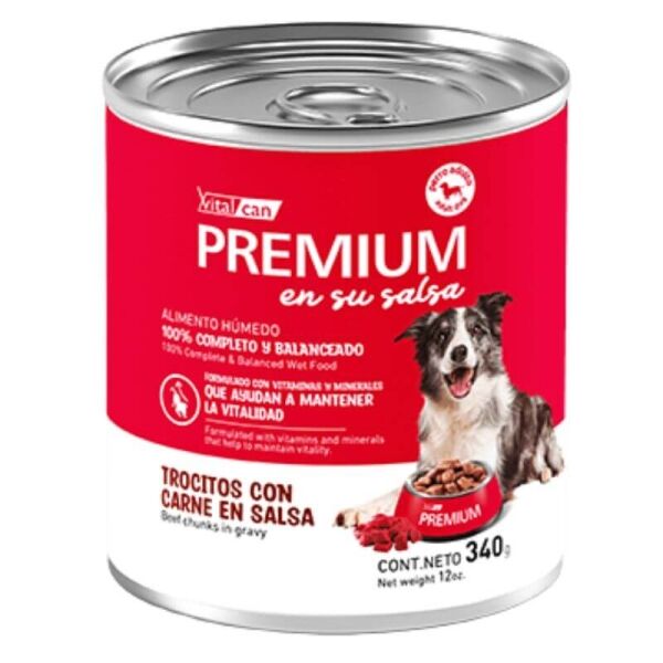 <strong>Vital Can Premium</strong> en su Salsa, Alimento Húmedo para Perro Adulto, Sabor a Trocitos con Carne en Salsa, lata de 340 gr