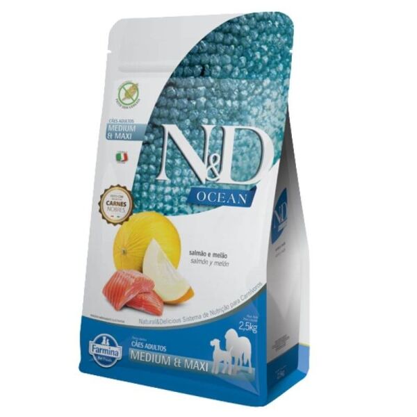 <strong>N&D</strong> Ocean Adult Medium & Maxi Breed, Alimento Seco para Perros Adultos, Raza Mediana y Grande, Salmón y Melón, bolsa de 2.5 kg