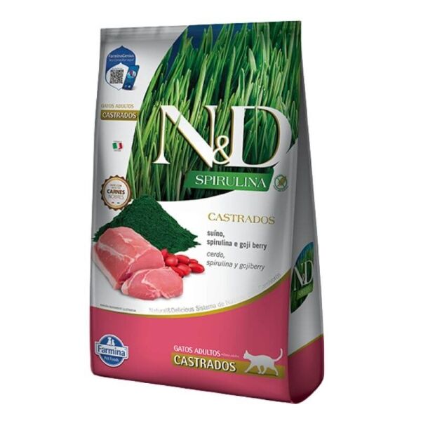 <strong>N&D</strong> Spirulina Adult Cat Castrados, Alimento Seco para Gatos Adulto, Castrados, Cerdo, Spirulina y Gojiberry, bolsa de 1.5 kg