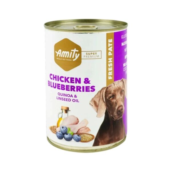 <strong>Amity</strong> Chicken And Blueberries , Alimento Húmedo para Perro, Pollo y Arándanos, lata de 400 gr