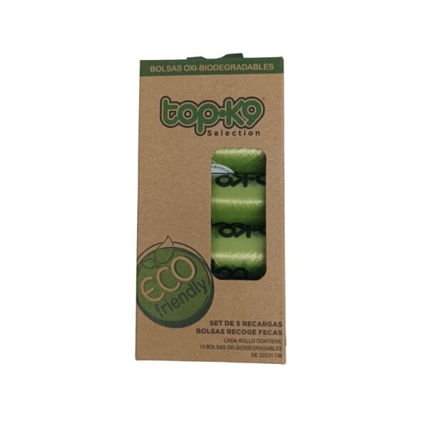 <strong>Top-K9</strong> Set de 5 Rollos de Bolsas Oxi-biodegradable, Total de 75 bolsas de 22x31 cm