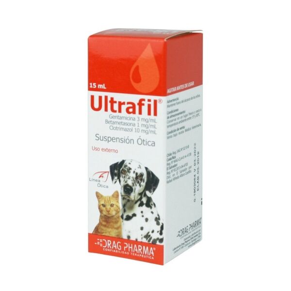 <strong>Ultrafil</strong> Solución Ótica, Tratamiento Otitis, Bacterias, Hongos, y Inflamación de Oídos para Perros y Gatos, frasco de 15 ml
