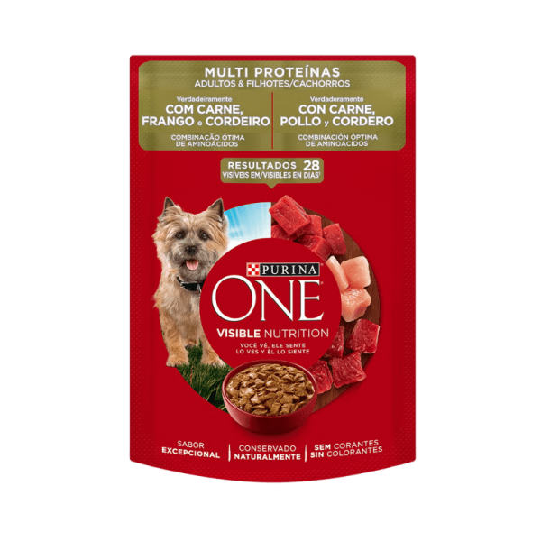 <strong>Purina ONE</strong> Multiproteínas, Alimento Húmedo para Perros, Cachorro y Adulto, Carne, Pollo y Cordero, sobre de 85 gr