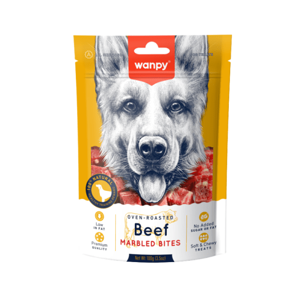 <strong>Wanpy</strong> Beef Marbled Bites, Snack para Perros, Cubos de Charqui de Vacuno, bolsa de 100 gr