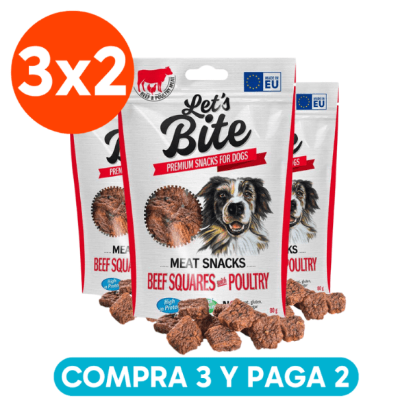 <strong>Pack: Let's Bite 3x2</strong> Meat Snacks Beef Squares with Poultry, Snack para Perros, Cuadraditos de Carne y Aves, 3 bolsas de 80 gr