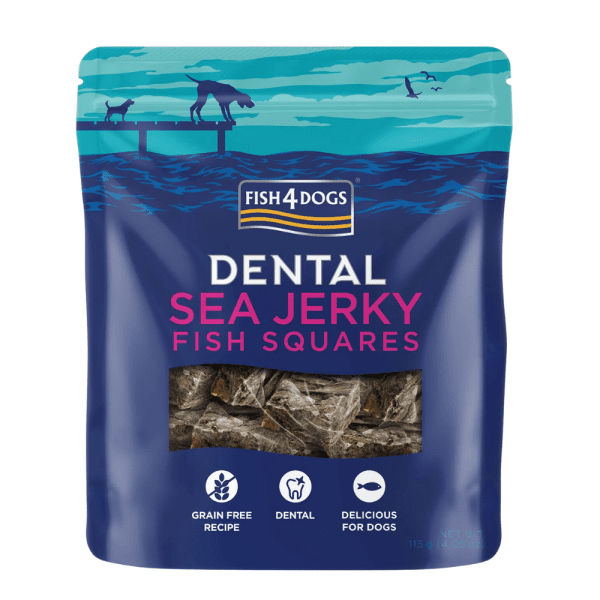 <strong>Fish 4 Dogs</strong> Dental Sea Jerky Fish Squares, Snack Dental para Perros, Cubos de Charqui de Pescado, bolsa de 115 gr