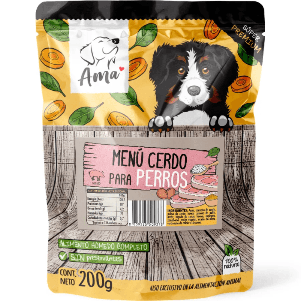<strong>Ama</strong> Menú Cerdo, Alimento Húmedo Completo para Perros, sachet de 200 gr