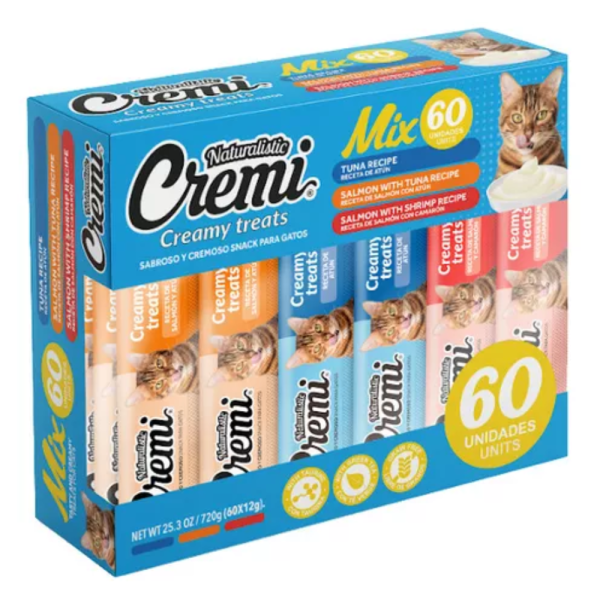 <strong>Naturalistic</strong> Cremi Mix, Snack Húmedo para Gatos, Pack Variedades del Mar, Atún Camarón Salmón, 60 unidades, en caja